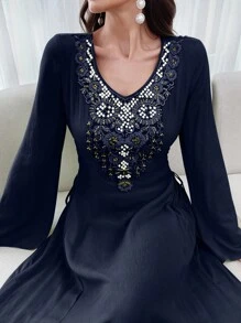 Al Najma Vestido casual de manga larga con decoración de perlas falsas, de estilo árabe modesto para mujer - Azul Marino - Ver 3