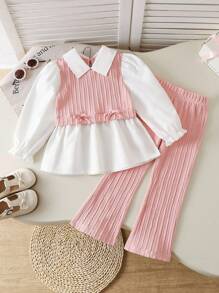 Young Girl Bow Decor 2 In 1 Long Sleeve Shirt And Flare Pants Cute Set - Multicolor - View 7