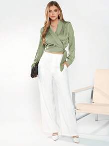 BizChic Women's V-Neck Long Sleeve Cropped Shirt With Knot Hem, Casual Urban Commuter Basic Minimalist Elegant Chic Business Casual Outfit, Suitable For Teachers And Office Wear, Autumn