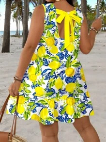 Veykashi 大码女装节日复古假日风格法式夏季清新可爱柠檬图案印花系带无袖休闲连衣裙 - 黃色 - 查看 4