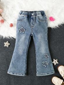 SHEIN Quần jeans ống loe thêu họa tiết ngôi sao năm cánh hai lớp màu xanh nhạt, giản dị, dễ thương, vui tươi dành cho bé gái, vải tổng hợp chải mỏng, thoải mái khi mặc hàng ngày, đơn giản và thời trang, đa năng - Rửa tối - Xem 4