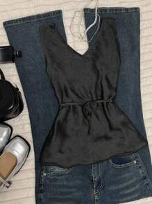 INAWLY Blusa sin mangas casual de mujer con cuello en V y lazo delantero de unicolor - Negro - Ver 2
