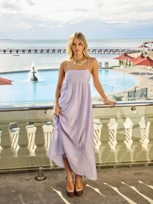 Aralina Straight Neck Bandeau Shirred Back Babydoll Style Flowy Maxi Dress Perfect For Summer Vaction And Homecoming Graduation - Mauve Purple - View 1