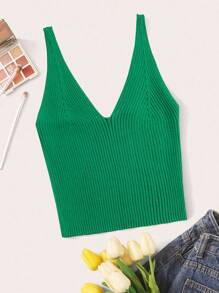 EMERY ROSE Plus Size Women's Solid Color V-Neck Hollow-Out Casual Knitted Vest - Green - View 1