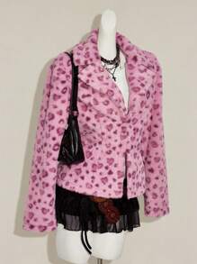 SHEIN ICON 女士新款秋冬豹纹翻领开衫兔毛外套，复古风 - 粉色 - 查看 7