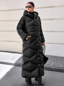 CLARA VERO Women's Solid Color Long Sleeve Single-Breasted Long Casual Hooded Winter Jacket