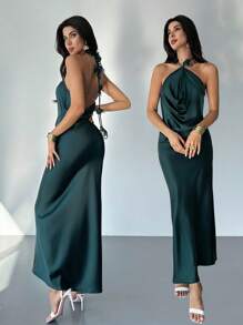 Firerie Váy yếm hở lưng họa tiết hoa cổ xếp nếp thanh lịch dành cho nữ, chân váy màu xanh lá cây đậm/vải satin giả họa tiết/chân váy hoa/quần áo trở lại trường/quần áo đi học/tiệc tùng/phong cách quý tộc cổ điển dành cho nữ/trang phục đi chơi/trang phục dự tiệc dành cho nữ/trang phục công sở dành cho nữ/chân váy dự tiệc trang trọng - Màu xanh lá cây đậm - Xem 2