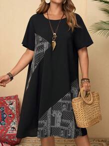 Rusticease Vestido casual de verano talla grande con cuello redondo, estampado patchwork, para salidas al campo, vacaciones y primavera, ropa de mujer estilo bohemio para verano