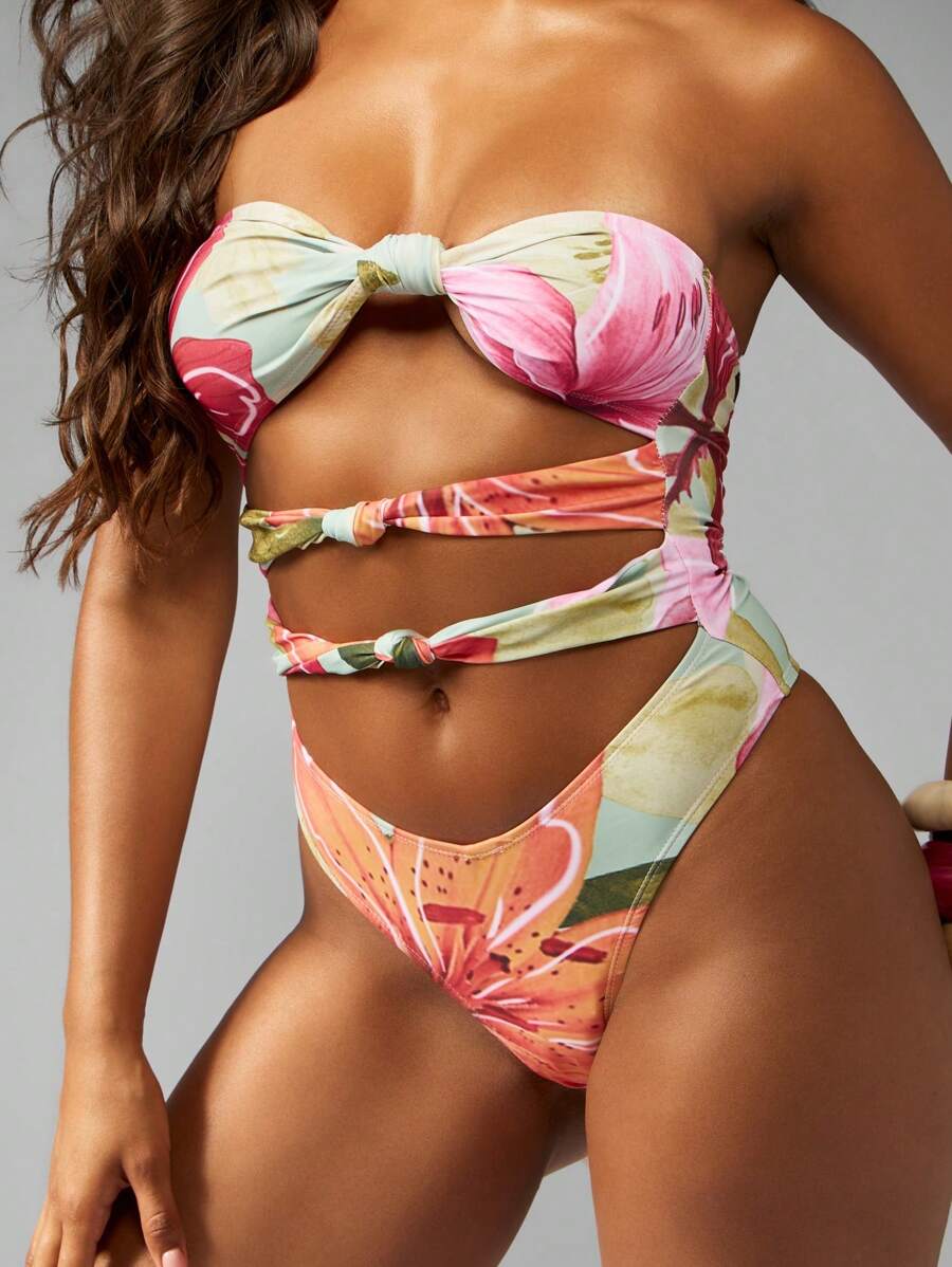 MISSGUIDED Traje de baño de una pieza con nudo floral, corte lateral, monokini tropical hawaiano con envoltura para playa y vacaciones