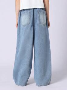 SUMWON 阔腿套穿牛仔裤，宽松街头风，抽绳腰带，松紧带设计，引领Y2K美学潮流，都市街头风，四季皆宜，休闲百搭，适合秋冬度假穿着。 - 淺色水洗藍 - 查看 2