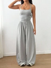 Flirla Women's Casual Pleated Loose Straight Leg Jumpsuit, Spring/Summer - Light Grey - View 5