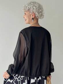 FRIFUL Women's Black Patchwork Sheer Mesh Hem & Cuff Loose Casual Jacket,Mother Of The Groom,Granny,Summer,Versatile Regular Coat For Travel&Vacation,Fall - Black - View 5