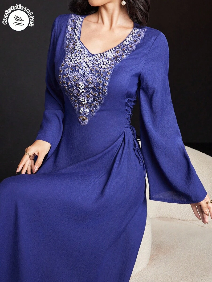 Al Najma 女式拼接 V 领长袖系带简约休闲长款朴素连衣裙 - 寶藍色 - 查看 1