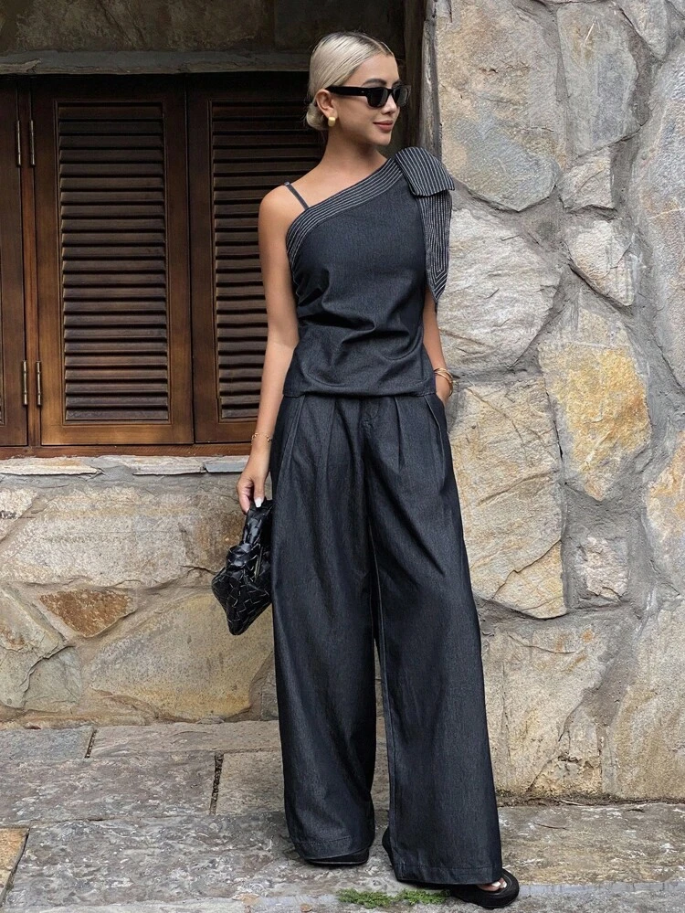 Women's Summer Asymmetrical Neck Bow Striped Patchwork Sleeveless Top And Loose Casual Wide Leg Pants Two Pieces Vacation Denim Set