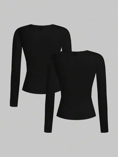 SHEIN EZwear 2pcs Casual Tight Fit Crew Neck Long Sleeve T-Shirt Set, Suitable For Autumn/Winter,Fall Clothes Women, Summer Outfits , Beach Holiday