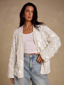 Glamine 优雅性感亮片休闲时尚百搭女式夹克亮片开衫白色亮片开衫女士亮片开衫亮片夹克万圣节婚礼宾客礼服 - 杏色 - 查看 6