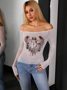 Jeanoix Women's Fashion Angel Print Fitted Cropped Sheer Mesh T-Shirt - White - View 3