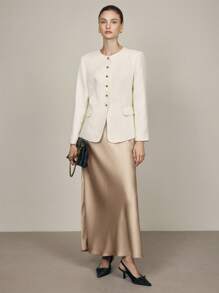 BizChic 2025 Autumn Women's Satin Waist Mermaid Hem Skirt, Business Casual Daily Commute Elegant Beach Resort Suitable For Wedding Guest, Brunch, Airport, 90s Retro Office - Champagne - View 6