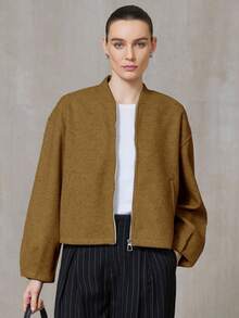 Aveloria Modichic Minimalist Fashionable Business Casual Short Solid Color Loose Elegant Zip-Up Jacket For Women, Autumn/Winter  - Yellow - View 3