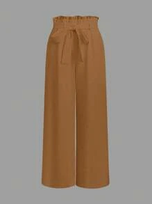 SHEIN LUNE 女式简约纯色优雅纸袋腰阔腿裤 - 棕色 - 查看 1