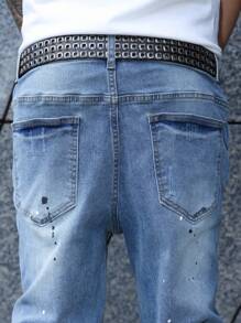 Manfinity EMRG Avant-Garde Gothic Style Long Ripped Jeans In Light Wash Denim For Men Men Paint Splatter Jeans Streetwear Jeans Ripped Jeans Men, Emo Style - Light Wash - View 5