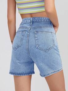 SHEIN EZwear 女式宽松休闲百搭牛仔短裤，带口袋 - 淺色水洗藍 - 查看 2