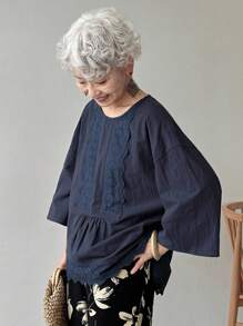 FRIFUL Women's Solid Navy Blue Drop Shoulder 3/4 Sleeve Patchwork Cotton Embroidered Pleated Casual Loose Versatile Blouse, Business Casual - Navy Blue - View 7