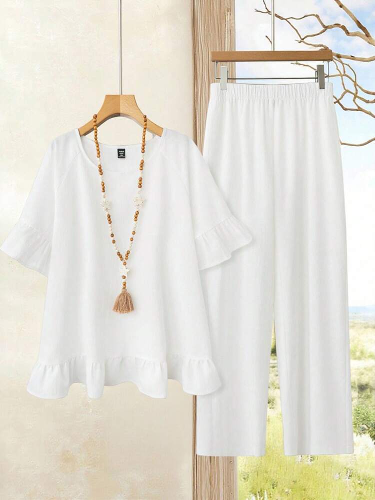 Plus Size 2 Pieces Set Solid Color Top And Pants, Minimalist Fashion Casual Everyday Wear,Spring/Summer/Vacation