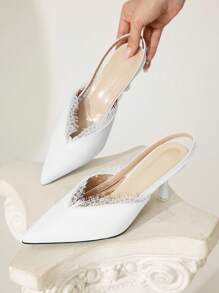 CUCCOO CHICEST 女士金色金属链尖头细高跟鞋，时尚百搭优雅，适合派对、宴会、夜总会、通勤、个性化、音乐节、工作场所 - 白色 - 查看 2