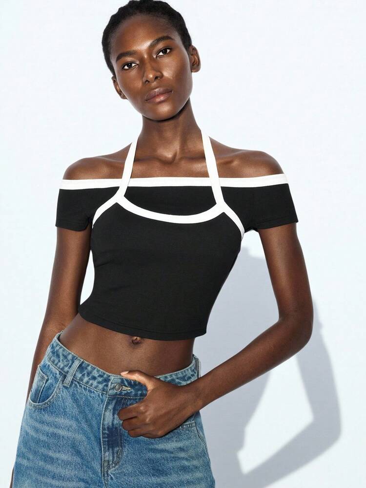SHEIN Maija Damen Lässiges Straßen Kontrast Paspel Schulterfreies Slim Fit Crop T-Shirt, Sommer Crop Tops Süße Tops Ausgeh Tops Damen Crop Tops Damen Club Damen Sexy Top Geburtstag für Frauen