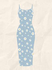 SHEIN EZwear 休闲简约蓝色机械纹理白色雏菊全身印花紧身吊带裙，适合夏季度假 - 彩色 - 查看 2