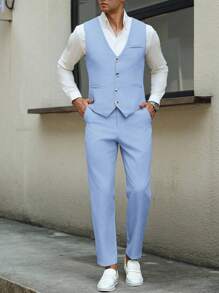 Manfinity Mode 男士商务正装纽扣前开襟马甲西装外套和定制长裤，男士马甲西装服装两件套淡蓝色西装男士圣诞夜惊魂浅蓝色裤子优雅装扮浅蓝色西装礼服西装，老钱风格 - 淺藍色 - 查看 7