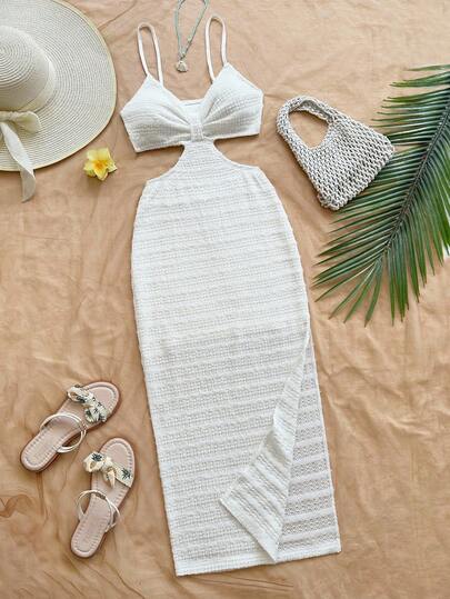 Soleia Vestido de tirantes midi con cintura ceñida, textura de tela rayada suave y blanca crema, con recorte en la cintura, adecuado para citas de vacaciones, té de la tarde, escapadas a la isla, vacaciones en la playa, escapadas a la ciudad, vacaciones bohemias, festivales de música