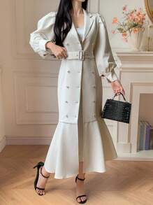 DAZY Elegant Solid Color Blazer Collar Puff Sleeve Belted Midi Dress For Women, Autumn,Fall Women Clothes Long Sleeve Dress