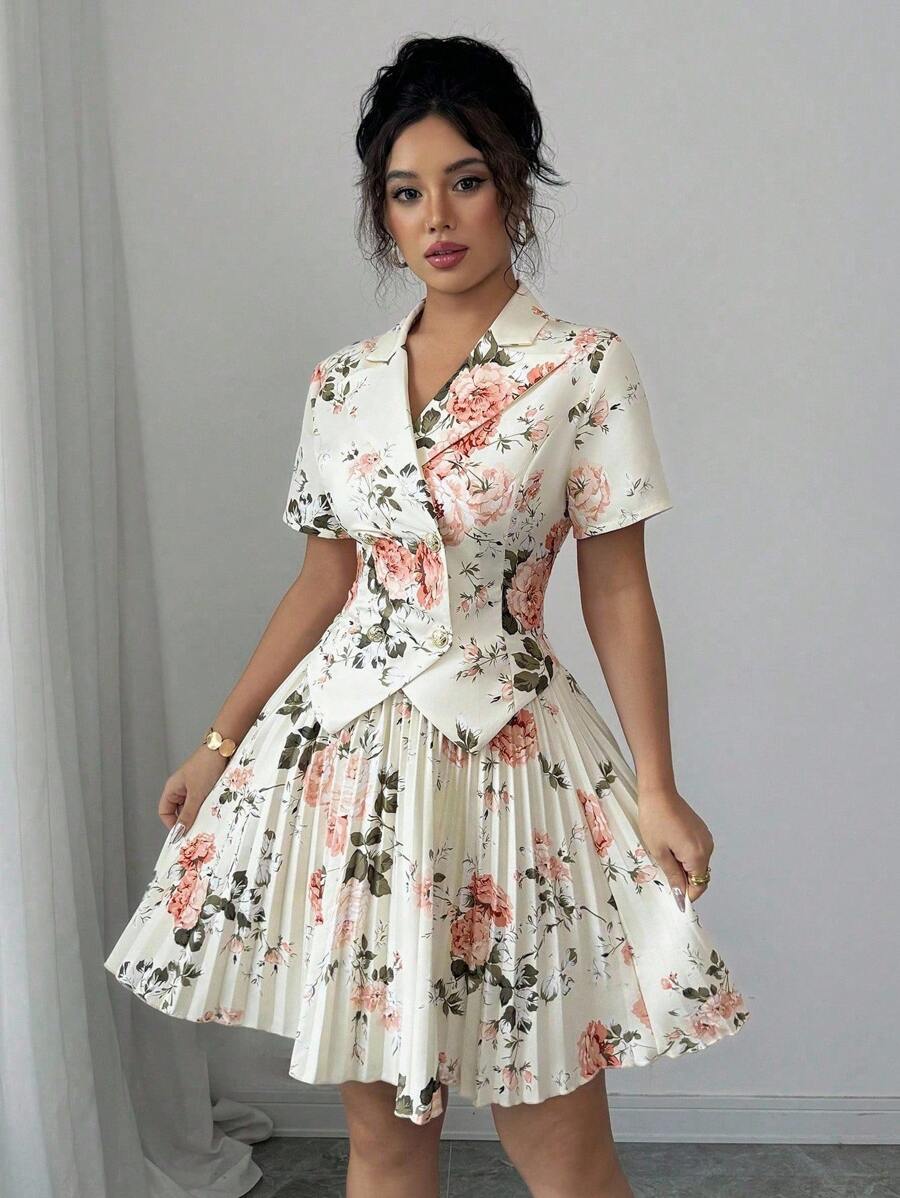 SHEIN Tall Random Print Elegant Commuter Collared Short Sleeve Ripped Waist Decorated With Double Metal Buttons Asymmetric Hem Elastic Waist A-Line Pleated Mini Skirt Women Suit Set - Apricot - View 1