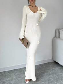 SHEIN Tall 女式深V领喇叭袖3D花卉针织连衣裙，复古斯德哥尔摩风格，优雅百搭，适合音乐会、节日、教师节 - 杏色 - 查看 5