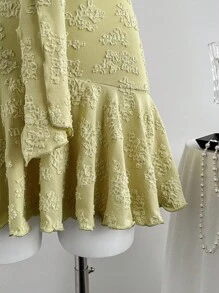 Elamini 提花面料搭配金属海星装饰，露背荷叶边下摆拼接迷你连衣裙，优雅性感可爱，适合度假、休闲、派对、日常、约会、复古、夏季 - 黃色 - 查看 6
