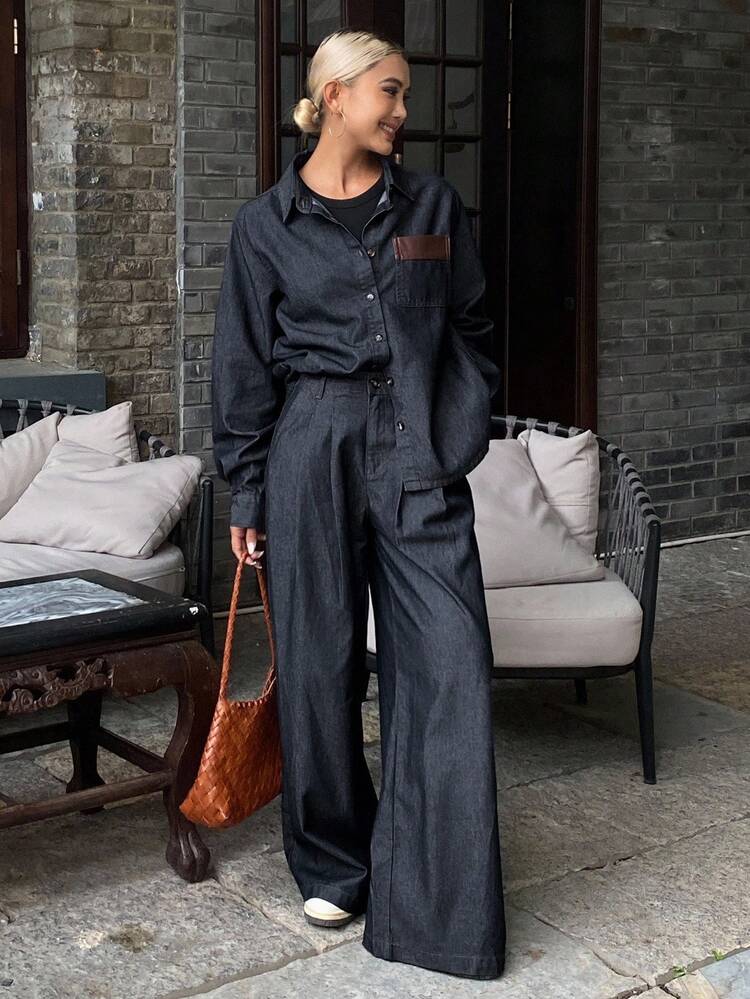 Women's Turndown Collar Loose Pocket Decor Denim Shirt And Relaxed Casual Long Pants 2 Pieces Denim Suit Set