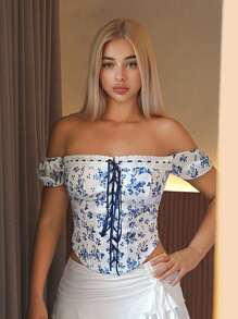 Sweetina 女式啤酒节印花休闲泡泡袖衬衫 - 藍白色 - 查看 7