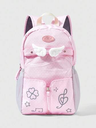 Anime 1 pieza Mochila de moda de dama rosa con lunares blancos y trébol estilo kawaii, mochila con acento metálico de estrella de música de universidad fresca Y2K, bolsa personalizable con capas transparentes y mini comida de anime