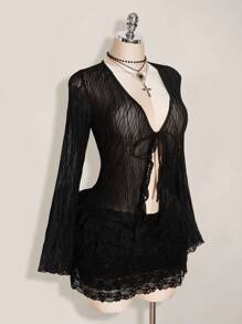 SHEIN ICON Plus Size Long Sleeve Sheer Tie Front Cardigan And Multi-Layer Lace Shorts Set,Fall Clothes For Women - Black - View 4
