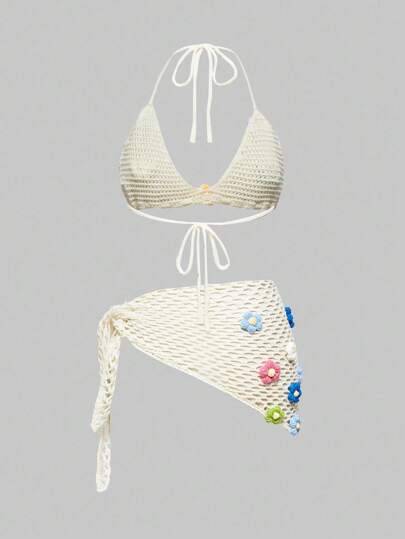 Vacation Beach Floral 3D Decor Backless Halter Knit Top & Skirt Set