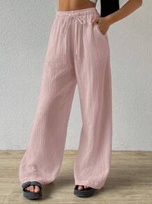 SHEIN EZwear 夏季纯色纹理褶皱面料宽松抽绳腰系带纯棉休闲度假阔腿裤，加大码 - 淺粉色 - 查看 4