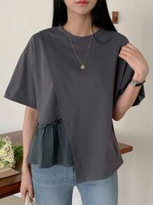 DAZY Women's Summer Solid Color Round Neck Drop Shoulder Casual T-Shirt With Ruffled Hem - Grey - View 3