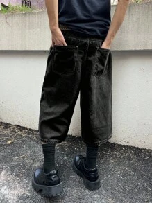 Claim Dot Men's Loose Fit Pocketed Wide Leg Casual Denim Shorts Washed Loose Wide Leg Denim Shorts