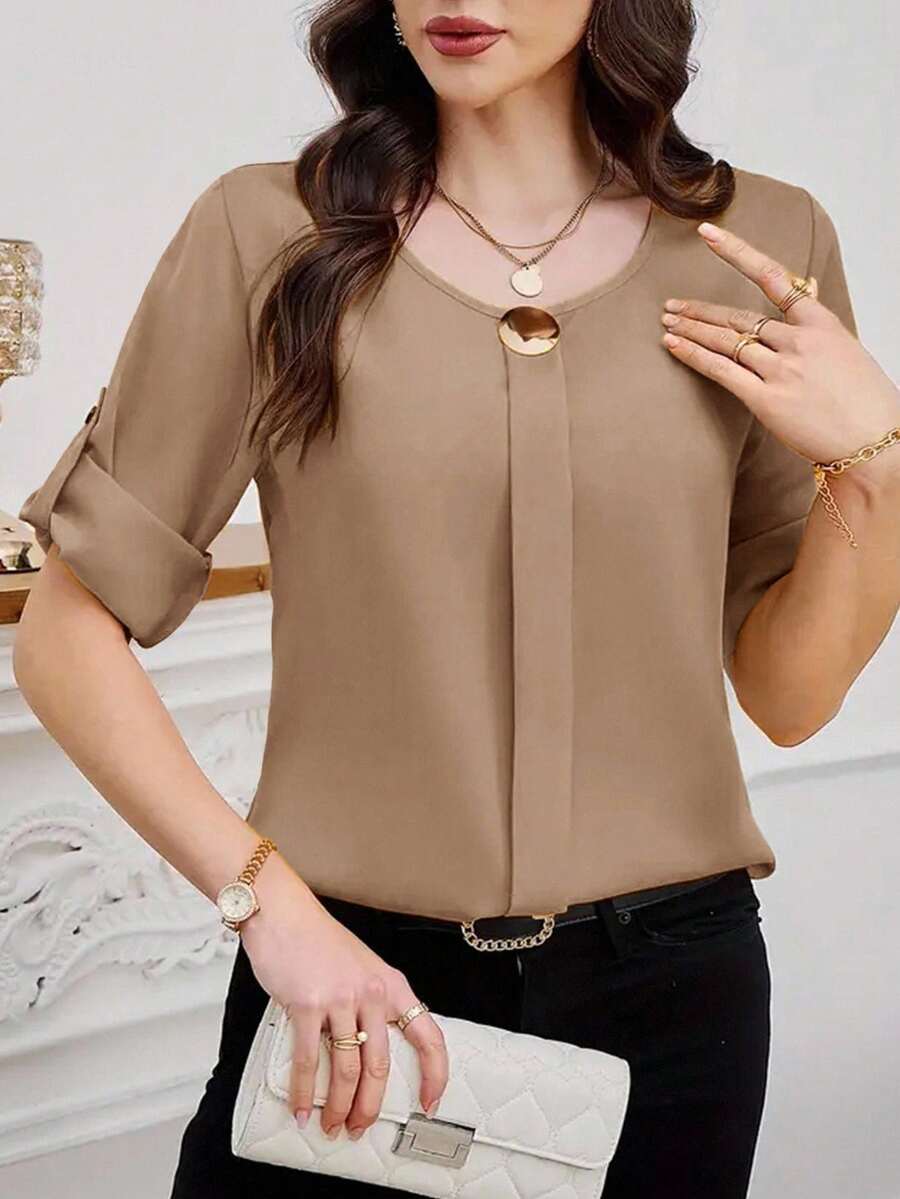SHEIN Clasi 女士休闲通勤简约纯色衬衫 - 卡其色 - 查看 1