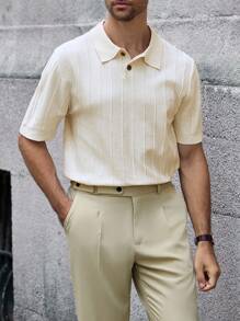Manfinity Bizformal 男士夏季度假纯色 Polo 领短袖针织上衣 - 杏色 - 查看 4