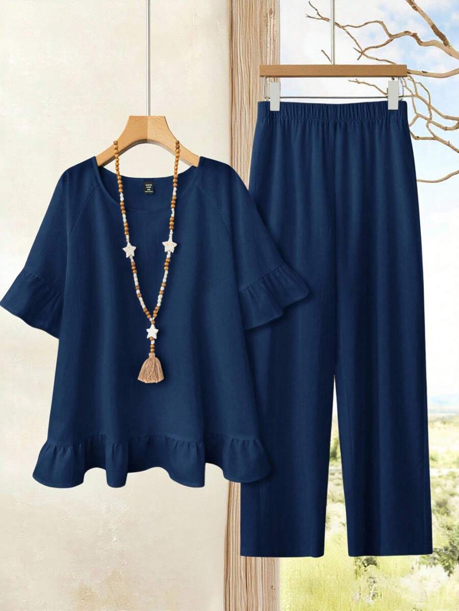 EMERY ROSE 加大码亚麻乡村风两件套女士白衬衫和裤子，简约时尚女装春季服装女装夏季服装女装夏季服装 - 藏蓝色 - 查看 1