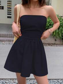 INAWLY Women's Solid Color Twist Back Ruffle Hem Bandeau Mini Dress - Navy Blue - View 6