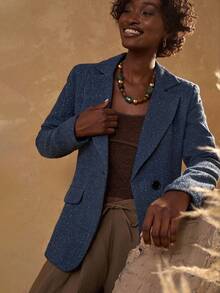 Bóhologie Kết cấu & Vải bóng, Nút lót phía trước, Áo khoác Blazer - Màu xanh lam - Xem 5